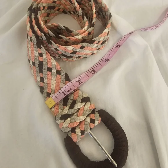 Woven Multicolor Rope Belt with Round Buckle - Brown, Coral, Cream - Picture 2 of 5